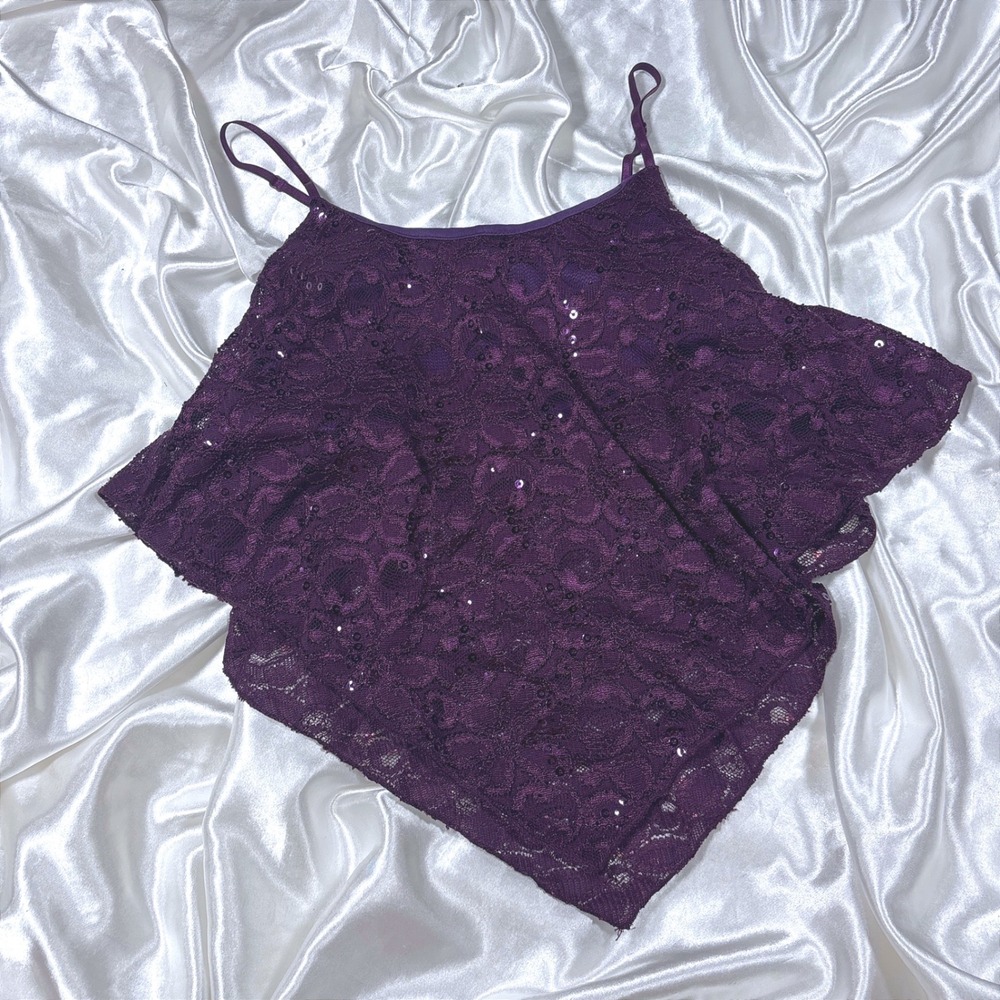 y2k Body Central Cami Purple Excellent Sequin Lace Handkerchief Hem Top LT6016-2